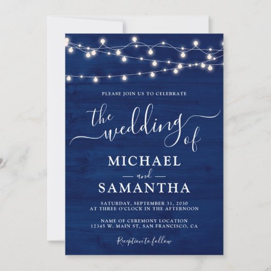 Invitation Simple Elegant Bleu Mariage rustique (Devant)