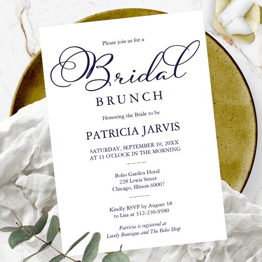 Invitation Simple Élégant Bleu Marine Écriture Brunch de Mari