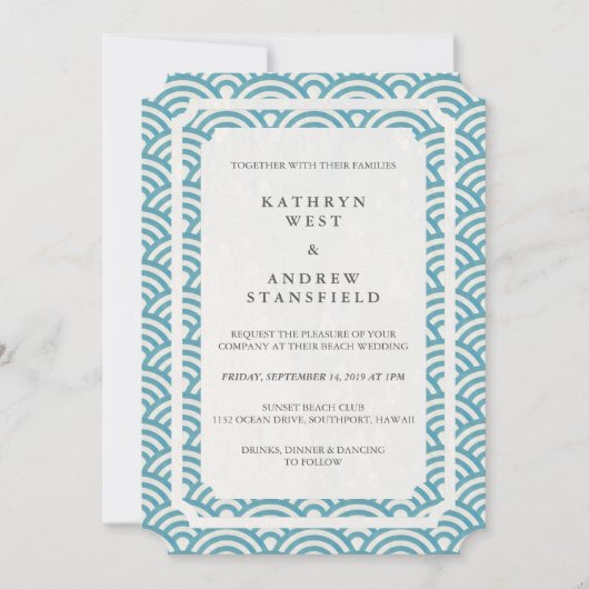 Invitation Simple Elégant Bleu/Vert + Blanc Plage Mariage (Devant)