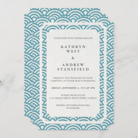 Invitation Simple Elégant Bleu/Vert + Blanc Plage Mariage (Devant / Derrière)