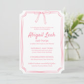 Invitation Simple Elegant Bow Design Bat mitzvah rose fille (Debout devant)