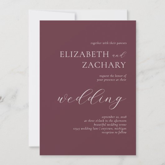 Invitation Simple Elegant Burgundy Mariage de script blanc (Devant)