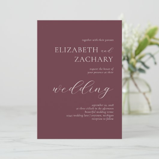 Invitation Simple Elegant Burgundy Mariage de script blanc (Debout devant)