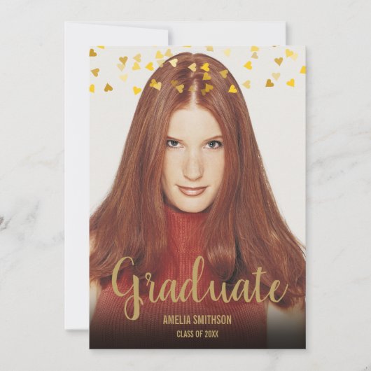 Invitation Simple Elegant Chic Gold Hearts Photo Graduation (Devant)