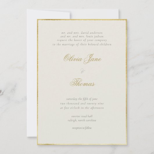 Invitation Simple Elegant Classy Gold Frame Ecru Mariage (Devant)