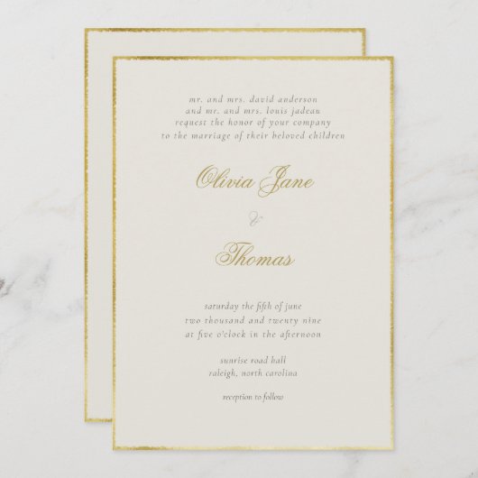 Invitation Simple Elegant Classy Gold Frame Ecru Mariage (Devant / Derrière)