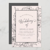 Invitation Simple Elégant croquis floral rose et Mariage gris (Devant / Derrière)