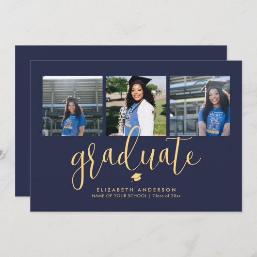 Invitation Simple Élégant Diplômé 3 Photo Collage Graduation (Devant / Derrière)