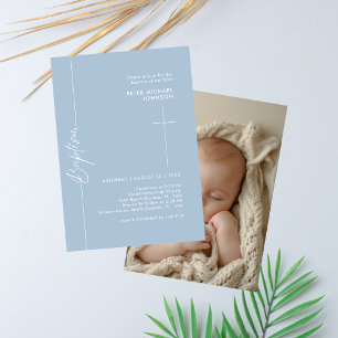 Invitation Simple Elegant Dusty Blue Baby Boy Baptism Photo