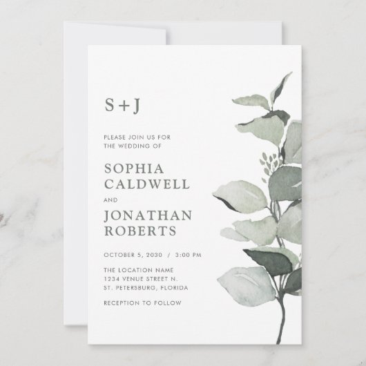 Invitation Simple Elegant Eucalyptus Botanical Sage Mariage (Devant)