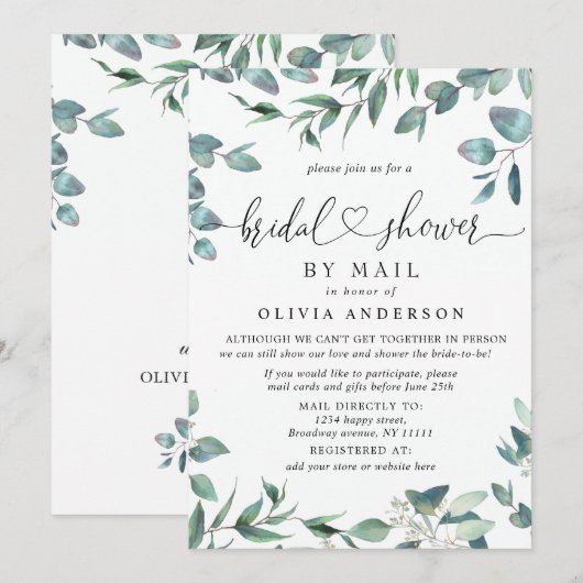 Invitation Simple Élégant Eucalyptus LANCEMENT DE MARIÉE Par (Devant / Derrière)