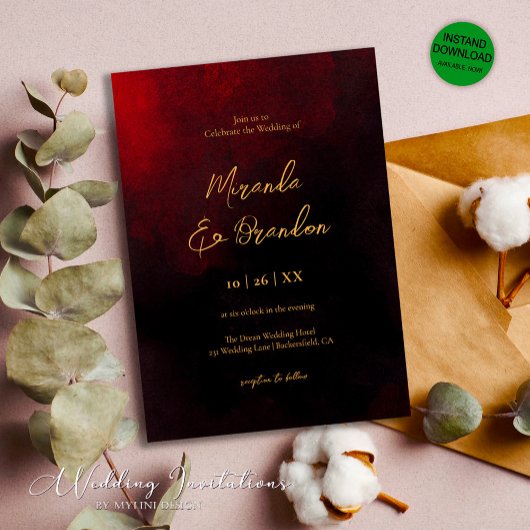 Invitation Simple Elegant Faux Gold Script Mariage rouge noir