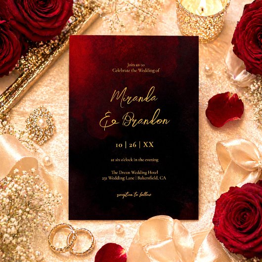 Invitation Simple Élégant Faux Or Script Rouge Noir Mariage
