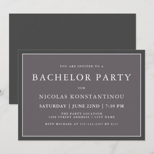Invitation Simple Élégant Fête de Célibataire Gris Foncé (Devant / Derrière)