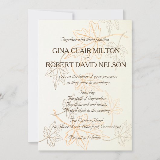Invitation Simple Élégant Feuilles Automne Outlines Mariage d (Devant)