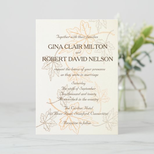 Invitation Simple Élégant Feuilles Automne Outlines Mariage d (Debout devant)