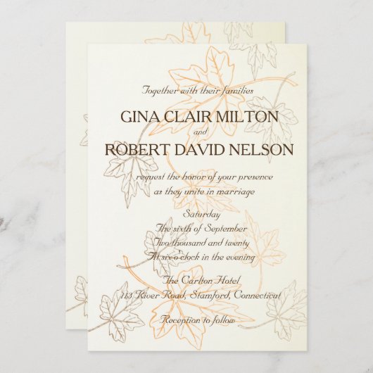 Invitation Simple Élégant Feuilles Automne Outlines Mariage d (Devant / Derrière)