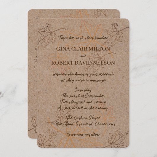 Invitation Simple Élégant Feuilles Automne Outlines Mariage d (Devant / Derrière)