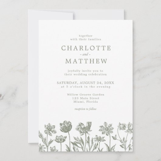 Invitation Simple Elégant Fleur Sage Vert Mariage (Devant)