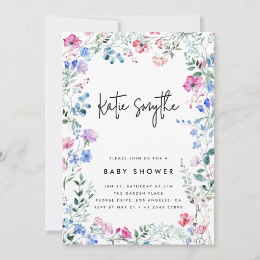 Invitation Simple Elegant Fleur sauvage Baby Girl Douche (Devant)