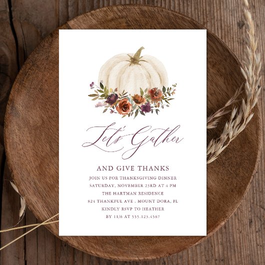 Invitation Simple Elégant Floral Blanc Citrouille Thanksgivin