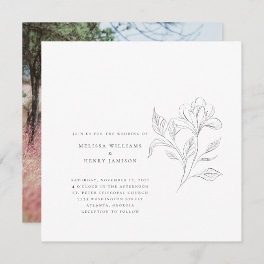 Invitation Simple Elegant Floral Blanc Mariage photo (Devant / Derrière)