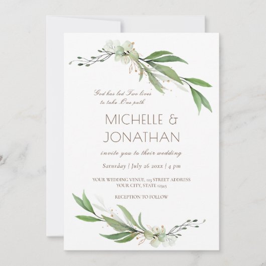 Invitation Simple Elégant Flore Verdure Mariage chrétien (Devant)