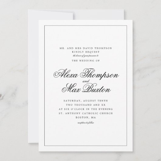 Invitation Simple Elegant Formal Mariage noir et blanc (Devant)
