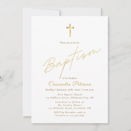 Invitation simple Elegant Gold Cross Baptism (Devant)