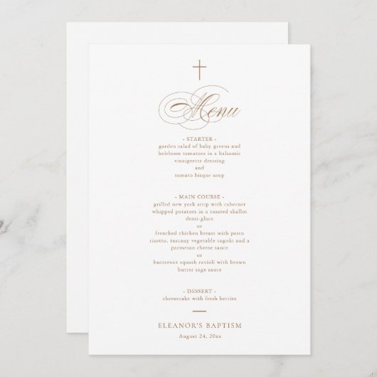 Invitation Simple Elegant Gold Cross Calligraphy Baptism Menu (Devant / Derrière)
