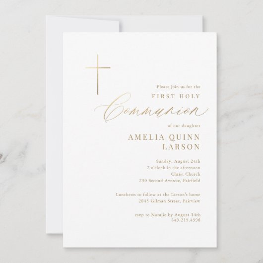 Invitation Simple Elegant Gold Cross First Holy Communion (Devant)
