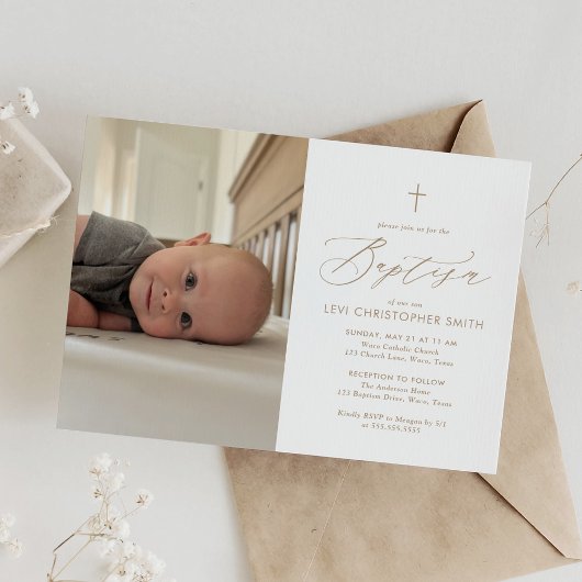 Invitation Simple Elegant Gold Cross Photo Baptême
