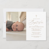 Invitation Simple Elegant Gold Cross Photo Baptême (Devant)