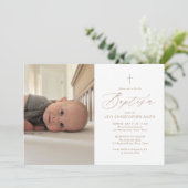 Invitation Simple Elegant Gold Cross Photo Baptême (Debout devant)