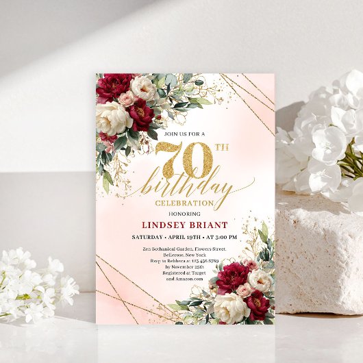 Invitation Simple Elegant Gold Floral 70th Birthday Invites
