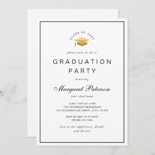 Invitation Simple Elegant Gold Grad Casquette fête de graduat (Devant / Derrière)