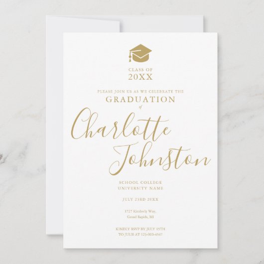 Invitation Simple Elegant Gold Script Photo Graduation Party (Devant)