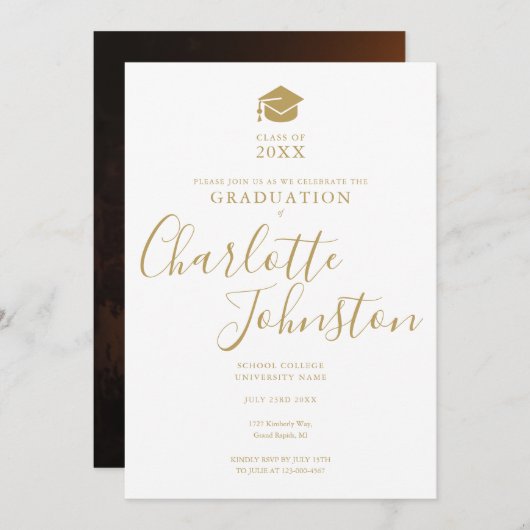 Invitation Simple Elegant Gold Script Photo Graduation Party (Devant / Derrière)