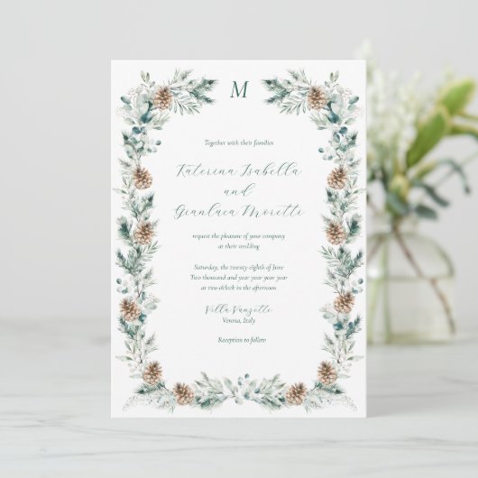 Invitation Simple Elégant Hiver Verdure Mariage blanc (Debout devant)