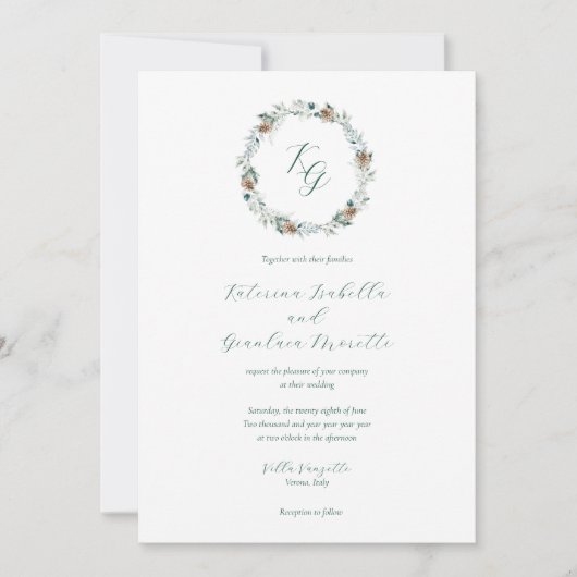 Invitation Simple Elegant Hiver Verdure Monogramme Mariage (Devant)