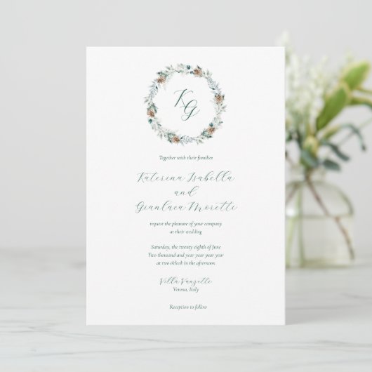 Invitation Simple Elegant Hiver Verdure Monogramme Mariage (Debout devant)