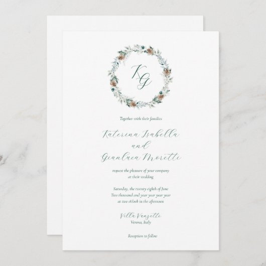 Invitation Simple Elegant Hiver Verdure Monogramme Mariage (Devant / Derrière)