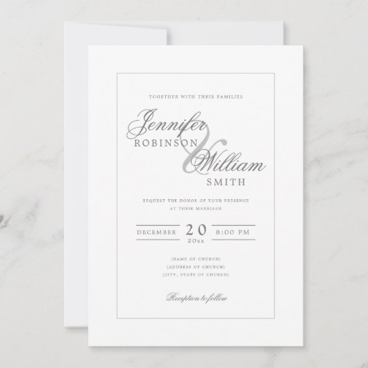 Invitation Simple Elégant Mariage Argent Gris Script (Devant)