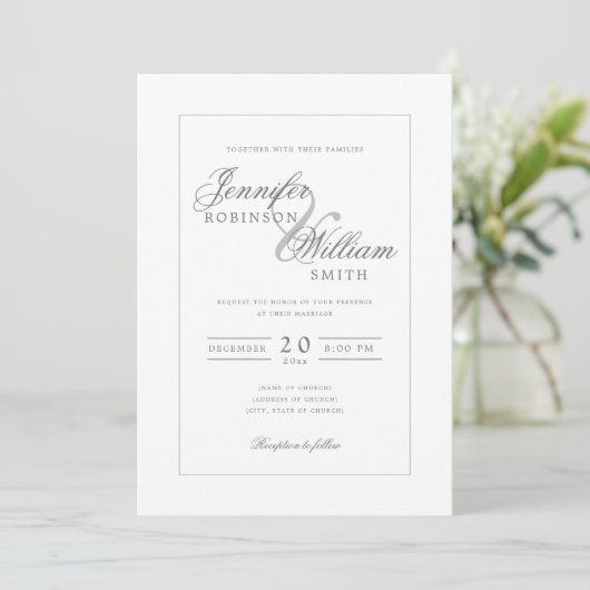 Invitation Simple Elégant Mariage Argent Gris Script (Debout devant)