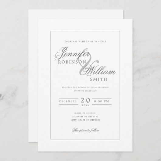 Invitation Simple Elégant Mariage Argent Gris Script (Devant / Derrière)