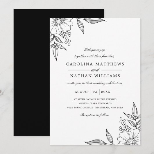 Invitation Simple Elégant Mariage de coins floraux Noir (Devant / Derrière)