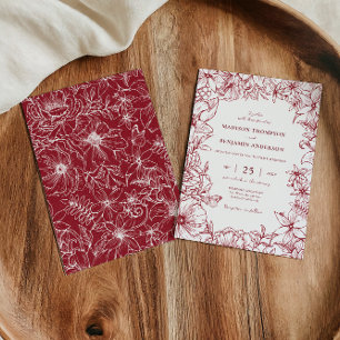 Invitation Simple Élégant Mariage de Jardin Floral Bourgogne