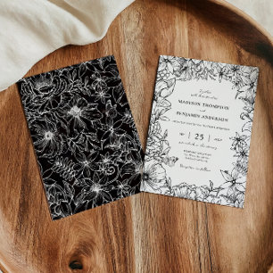 Invitation Simple Élégant Mariage de Jardin Floral Noir et Bl