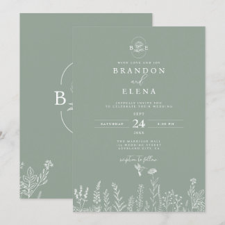 Invitation Simple Elégant Mariage végétal floral Sage vert
