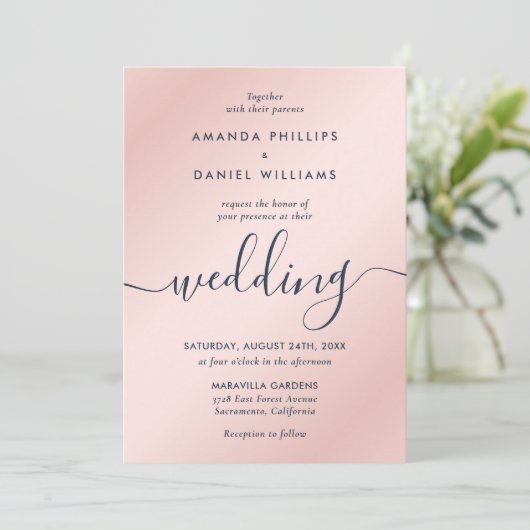 Invitation Simple Elegant Marine Bleu et Blush Script moderne (Debout devant)